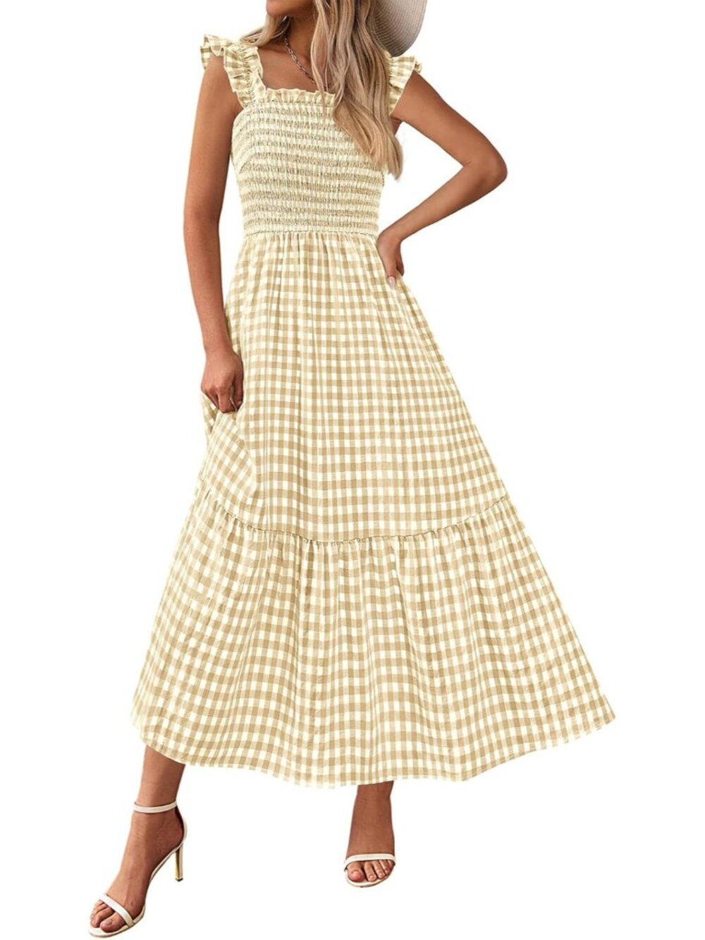 Women's Summer Dress Casual Ruffle Strap Gingham Midi Sundress